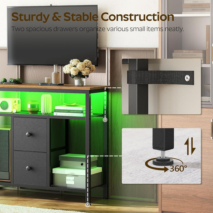 TV Stand with LED Lights, Dresser TV Stand, Tall Entertainment Center with 2 Fabric Drawers, TV Media Console Table, for Living Room, Bedroom, Black and Rustic Brown DS10DBR