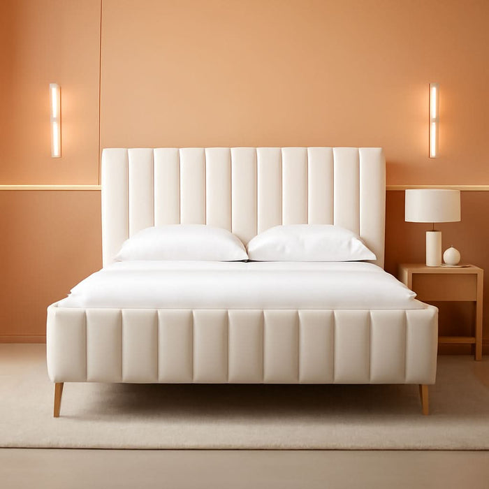 Queen Size Elton Velvet Platform Bed, Upholstered Bed Frame with Vertical Channel Tufted Headboard Footboard, Strong Wood Slats, No Box Spring Needed, Ivory (Queen)