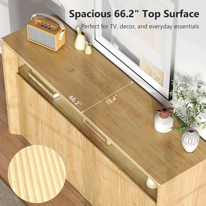 TV Stand for Tvs up to 85 Inch, Wood Entertainment Center with Open & Adjustable Storage, Mid Century Modern TV Media Console with LED Lights for Living Room, Bedroom, Oak