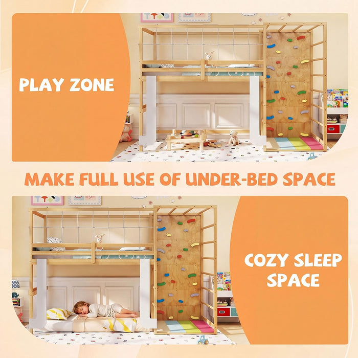 Twin Bunk Bed Jungle Gym Playhouse NaturalFinishWood