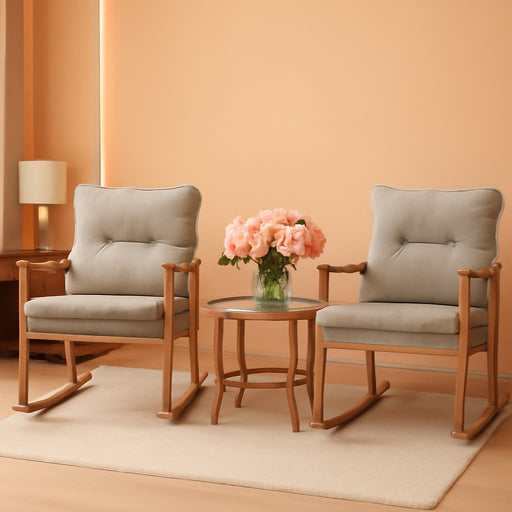 3-Piece Outdoor Rocking Chairs Bistro Set Wicker Patio Furniture Set Wood Arm Rest Patio Rockes Set W Warm Gray Cushions, Front Porch Rocking Chairs with Glass Coffee Table for Balcony,Garden