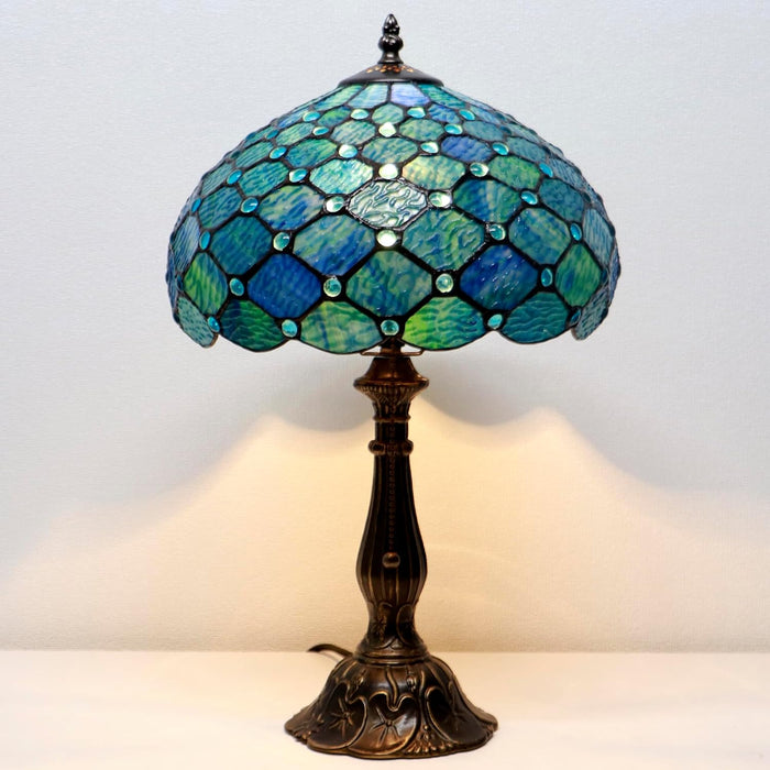 Tiffany Style Stained Glass Table Lamp Sea Blue Pearl 18.5 Inch