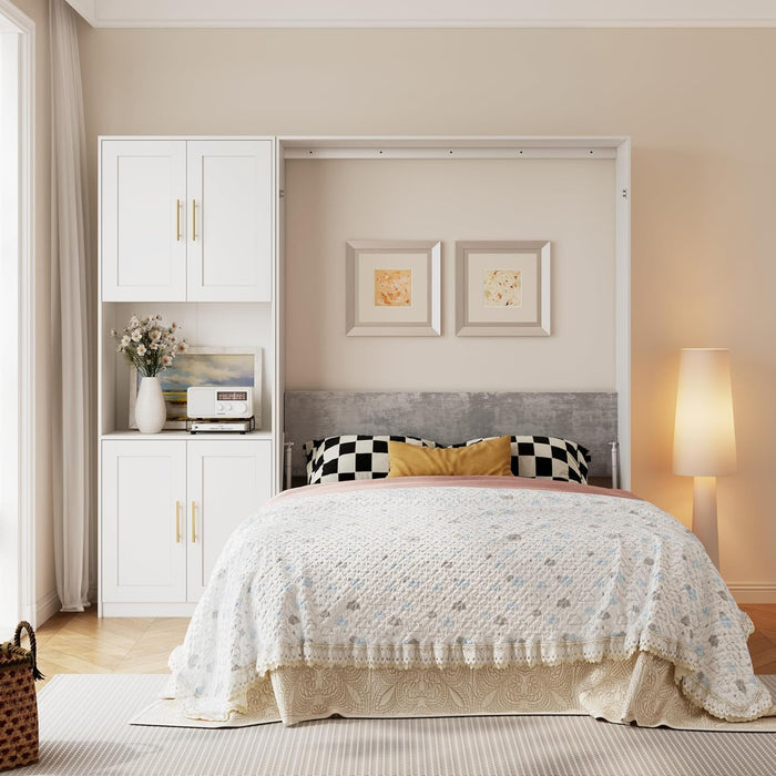 Modern Queen Size Murphy Bed, Hidden Foldable Wall Cabinet Bed Frame with Wood Slat, Space-Saving, No Spring Box Required, 95.85W'', White