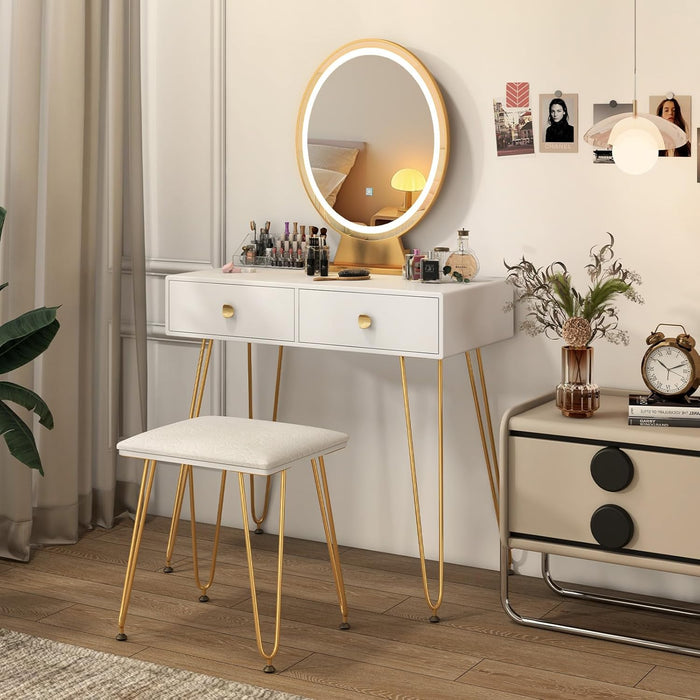 Makeup Vanity Table with Lighted Mirror, Vanity Desk with 2 Large Drawers, Adjustable 3 Lighting Modes, Modern Girls Bedroom Vanity Table with Chair for Small Spaces, White & Gold