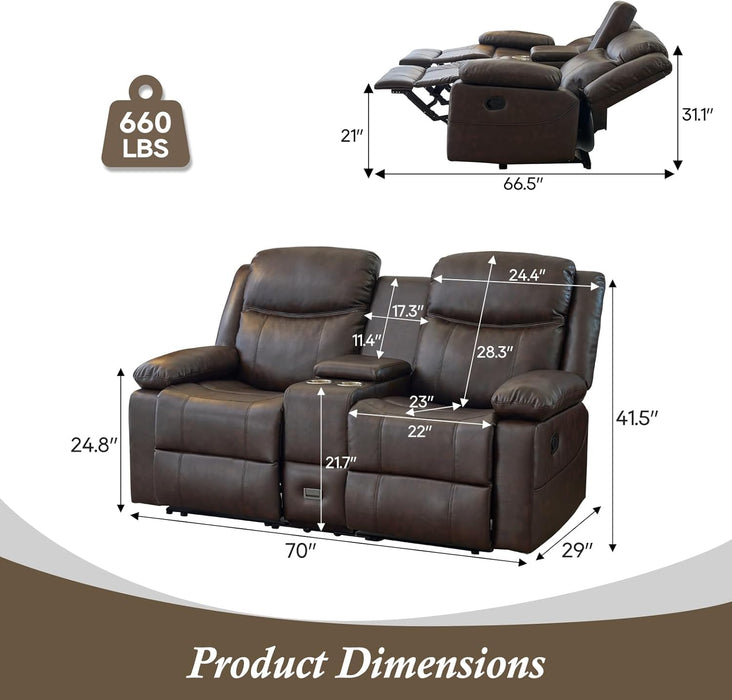 Loveseat Recliner, Reclining Loveseat with Console, Double Reclining Loveseat, 2 Seater Manual Reclining Couch for Living Room, Office, Home Theater(Pu-Brown)