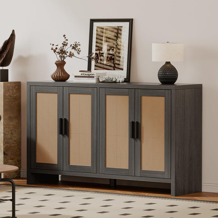 Rattan Buffet Cabinet with Storage, Sideboard with Doors, Console Table, Farmhouse Coffee Bar, Modern Wood Long Cabinets (Brown Black)