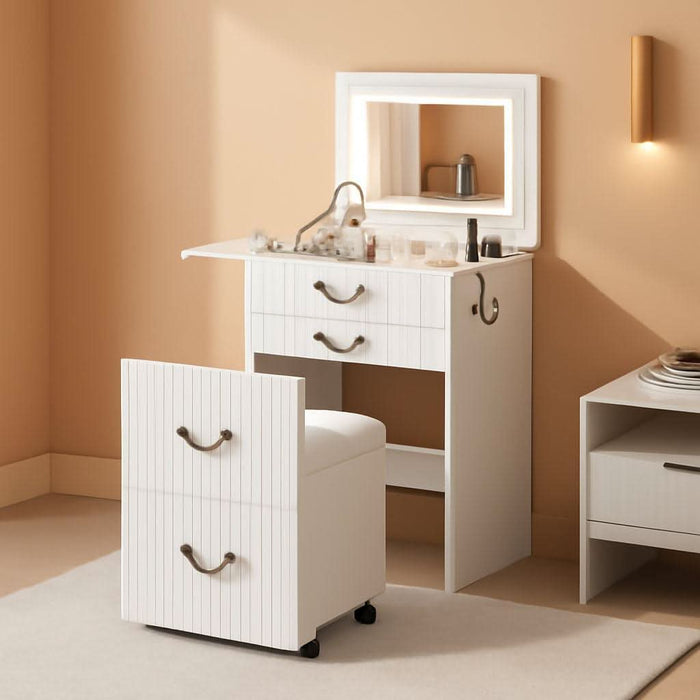 3-In-1 Vanity with Flip Mirror & Lights, Fluted Compact Vanity Table with 3 Drawers, Storage Compartment and Rolling Stool, Modern Small Makeup Vanity for Bedroom, Powder Room, Solid White