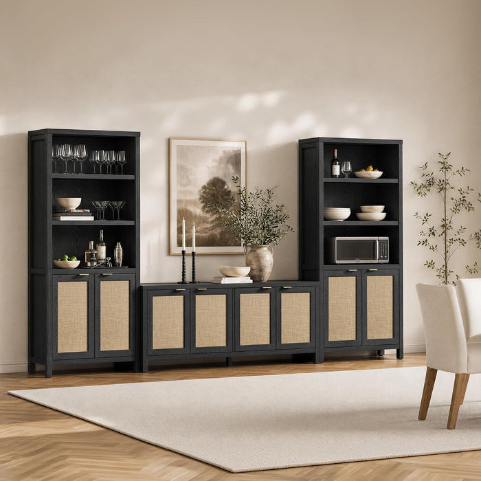 71" Tall Bookcase 5 Tier Rattan Bookshelf with Doors for Library | Farmhouse Storage Book Shelf with Adjustable Shelves Large Book Case Bookshelves for Living Room Home Office Bedroom Kitchen