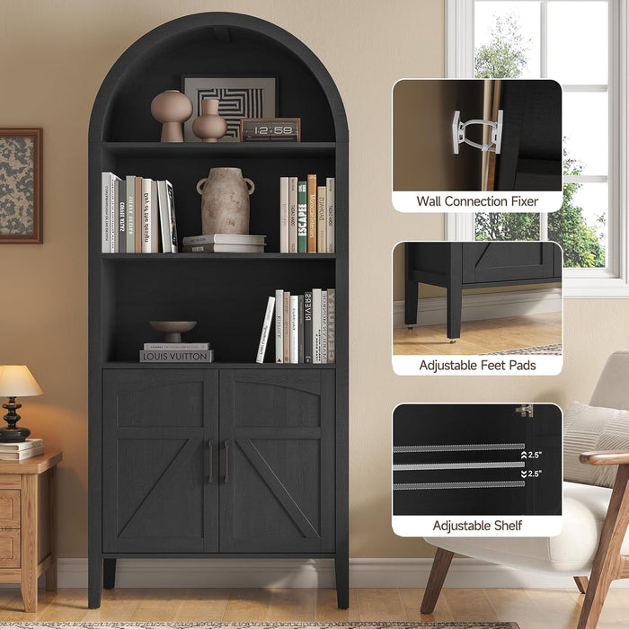 71" Tall Arched Bookshelf, 5-Tier Arched Bookcase with Door & Storage Cabinet, Farmhouse Display Bookshelf Cabinet with Adjustable Shelf, Freestanding Wood Bookcase for Home Office, Study