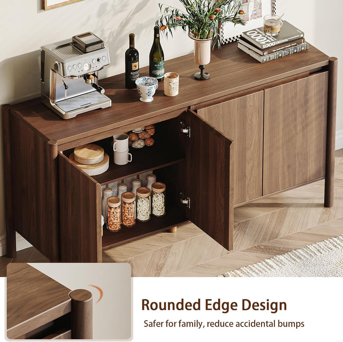 59 Inch Walnut Buffet Cabinet, Mid Century Wood Sideboard Storage | 4 Doors and Adjustable Shelves, Solid Wood round Legs. Ideal for Kitchen, Living Room, Coffee Bar, Dining Room.