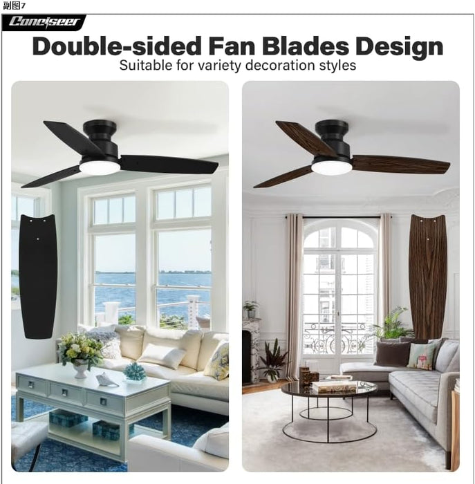 Modern 42 Inch Ceiling Fans with Lights and Remote for Bedroom Office, Flush Mount, 18W 6CCT Dimmable, Dual Color 3 Blades 6 Speed Reversible Quiet DC Motor, Black/Wood Grain