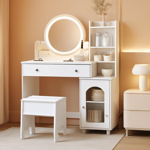 Kids Vanity Table and Chair Set, Toddler Dressing Table for 5-12 Year Old Little Girls, 2 in 1 Princess Makeup Vanity with Mirror & Lights, Wooden Pretend Play Vanity Desk, White