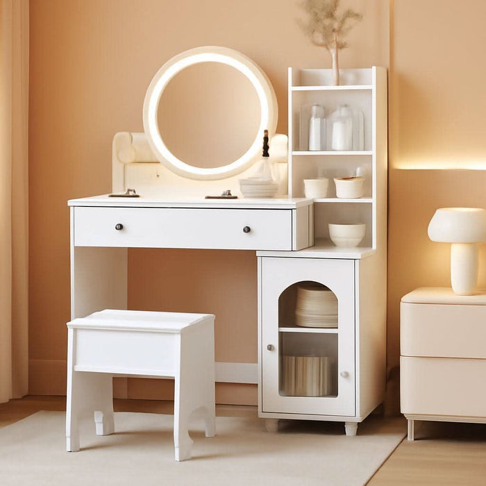 Kids Vanity Table and Chair Set, Toddler Dressing Table for 5-12 Year Old Little Girls, 2 in 1 Princess Makeup Vanity with Mirror & Lights, Wooden Pretend Play Vanity Desk, White