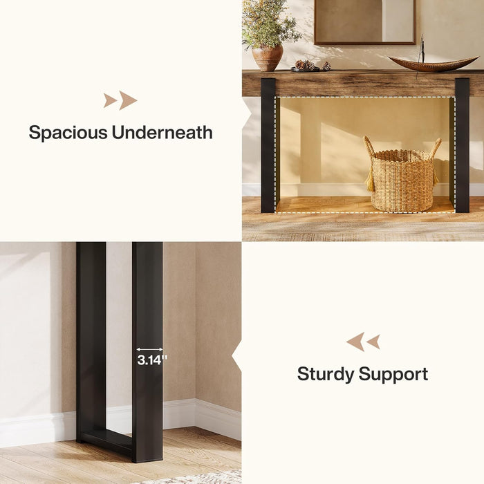 63-Inch Long Console Table, Solid Wood Sofa Table behind the Couch with Metal Support, Farmhouse Entryway Furniture for Entrance, Hallway, Living Room, Rustic Brown & Black