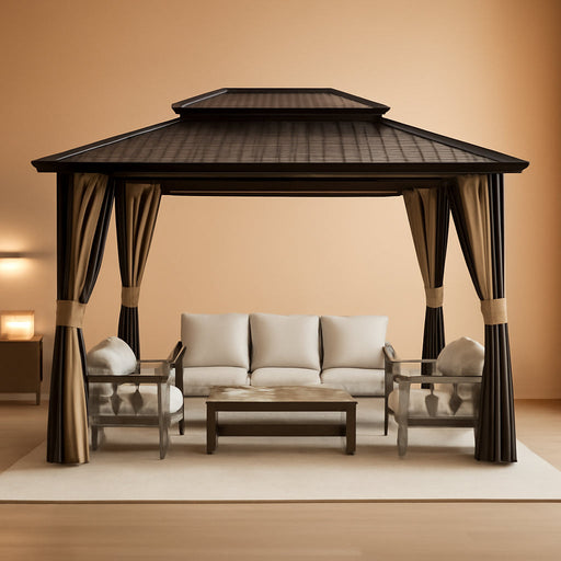 10' X 12' Hardtop Gazebo, Aluminum Frame Outdoor Patio Gazebo with Netting and Curtains, Outdoor Hardtop Gazebos, Patio Pergolas with Double Metal Roofs for Backyard, Patio, Deck, Sandstone
