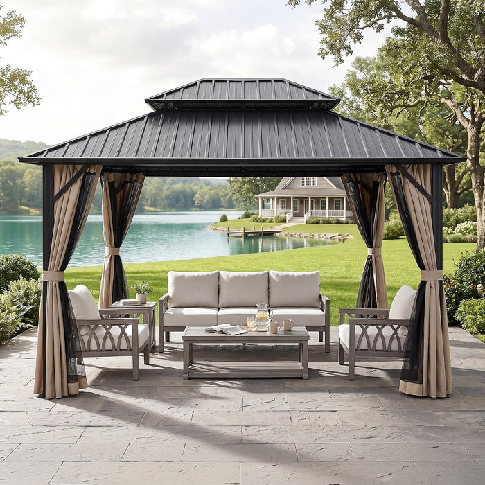 10' X 12' Hardtop Gazebo, Aluminum Frame Outdoor Patio Gazebo with Netting and Curtains, Outdoor Hardtop Gazebos, Patio Pergolas with Double Metal Roofs for Backyard, Patio, Deck, Sandstone