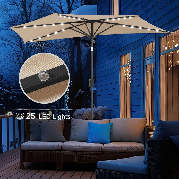 9 Ft Half Patio Umbrella Solar with Push Button Tilt, Beige