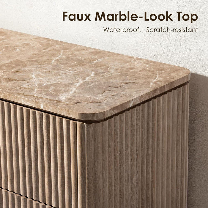 46"W Fluted 5 Drawer Bedroom Dresser, with Faux Marble Top,Natural Oak