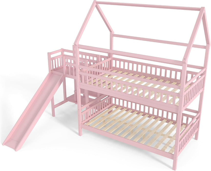 Pink FullOverFullBunkBed PlayhouseWithStairs Storage