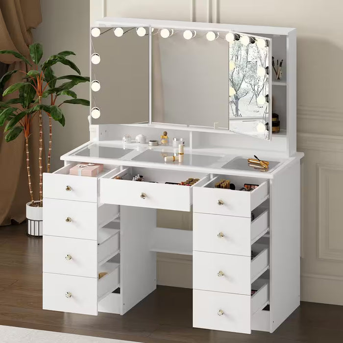 White Makeup Vanity Desk 9-Drawers Wood Dressing Table with 3 Mirrors, Glass Top, Hidden Storage Shelves, LED Bulb Light