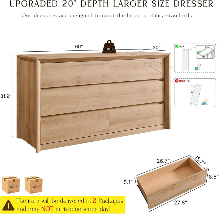 60 Inch 6 Drawer Dresser for Bedroom, 20" Depth for More Storage