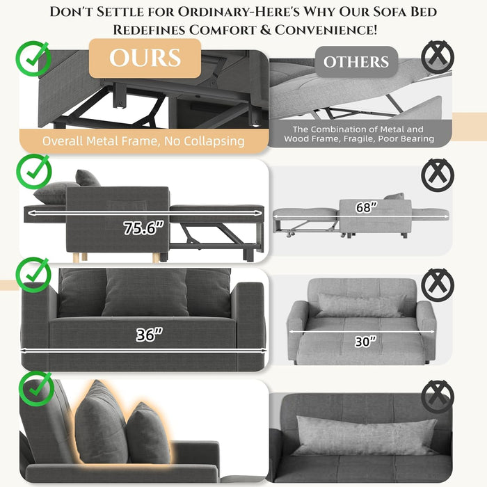 36 Inch Convertible Sleeper Chair GreyTexturedFabric