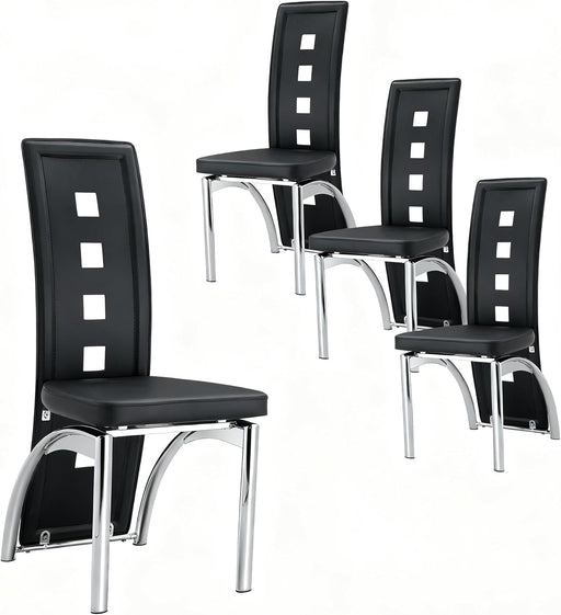 Modern Dining Chairs Set of 4, Black Dining Room Chairs Set, Upholstered Faux Leather Kitchen Chairs with Silver Metal Legs, High Backrest Armless Seating for Kitchen, Only Chair
