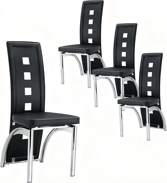 Modern Dining Chairs Set of 4, Black Dining Room Chairs Set, Upholstered Faux Leather Kitchen Chairs with Silver Metal Legs, High Backrest Armless Seating for Kitchen, Only Chair