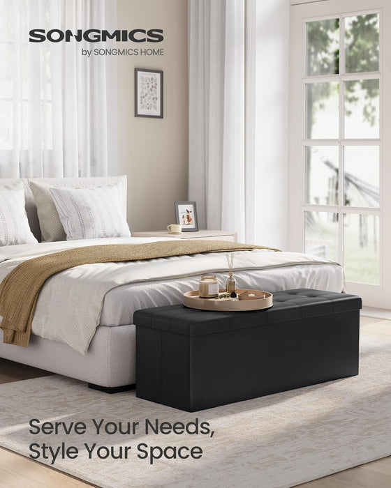 MAZIE Collection - 43 Inches Folding Storage Ottoman Bench, Ottoman with Storage, Foot Rest Stool, Load 660 Lb, for Living Room, Synthetic Leather, Black ULSF701