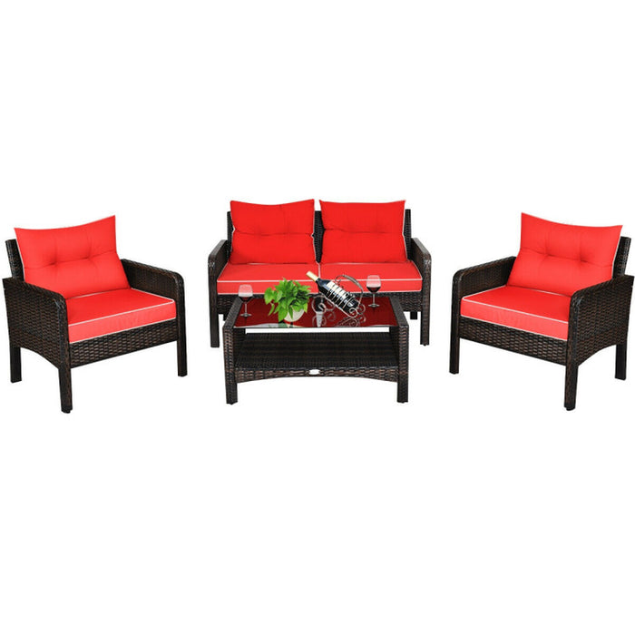 4 Pieces Patio Rattan Sofa Set Free-Combination with Cushion and Coffee Table