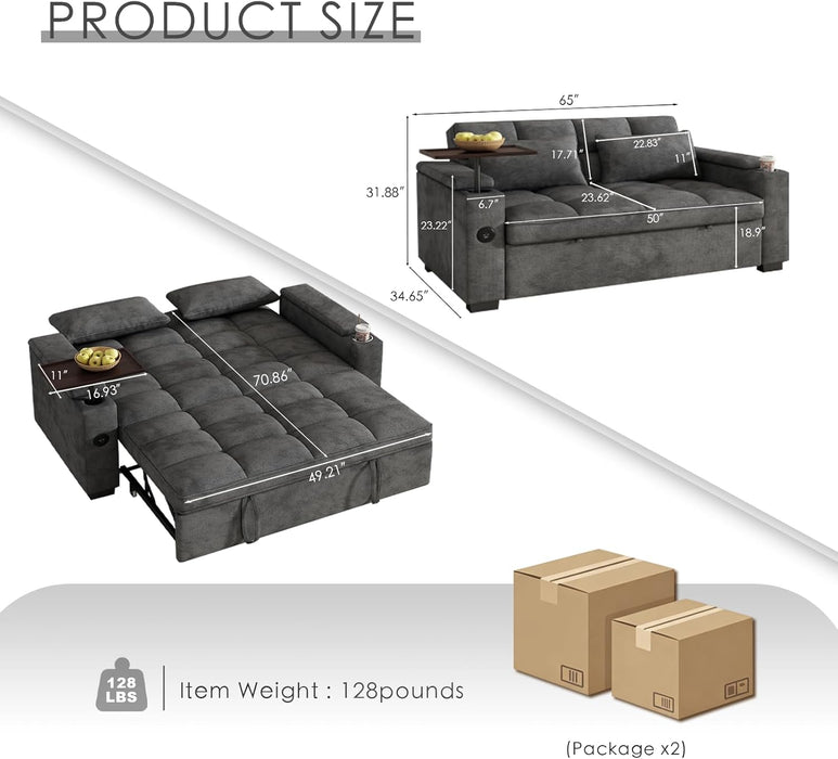 65Inch Grey Chenille Convertible Sleeper Sofa Table