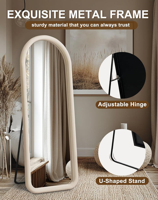 Arched Full Length Mirror, Free Standing Floor Velvet Finish Frame Mirror for Leaning or Hanging, Soft Touch Bedroom & Living Room Decor, Cream White