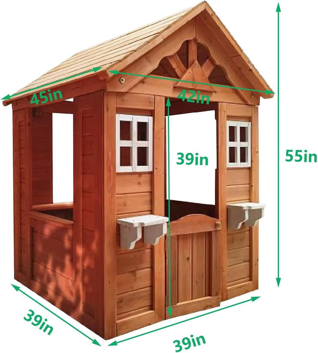 Outdoor Playhouse, Wooden Kids Playhouse for Kids 3-8, Kids Outdoor Playhouse with Front Door, Windows, Flowerpot Holder & Side