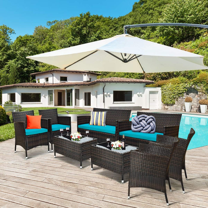 8 Pieces Patio Rattan Conversation Set with Tempered Glass Coffee Table & Thick Cushion, Wicker Set for Garden, Lawn, Poolside and Backyard