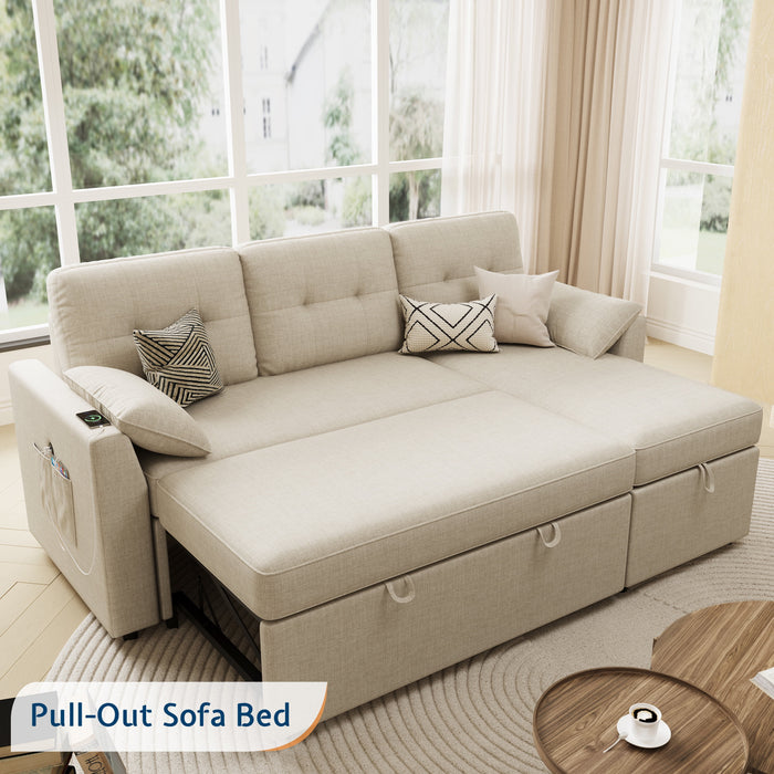 Sectional Sofa with Storage and Soft Seat ,Reversible Pull Out Couch for Living Room,Beige