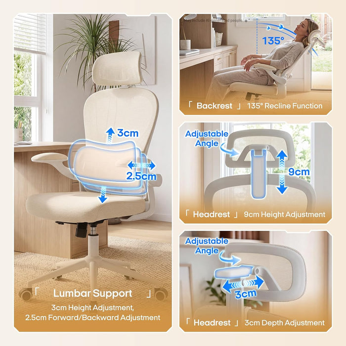 Ergonomic Office Chair, High Back Home Office Chair with 4D Adjustable Headrest & Lumbar Support, 330Lbs Capacity Mesh Desk Chair with Flip-Up Arms, Comfortable Computer Chair, Beige