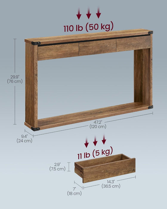 Sofa Console Table, 47.2 Inches Narrow Entryway Table with 3 Drawers, Bottom Shelf, Metal Corners, for Living Room, Bedroom, Farmhouse Style, Honey Brown ULNT143KB01S
