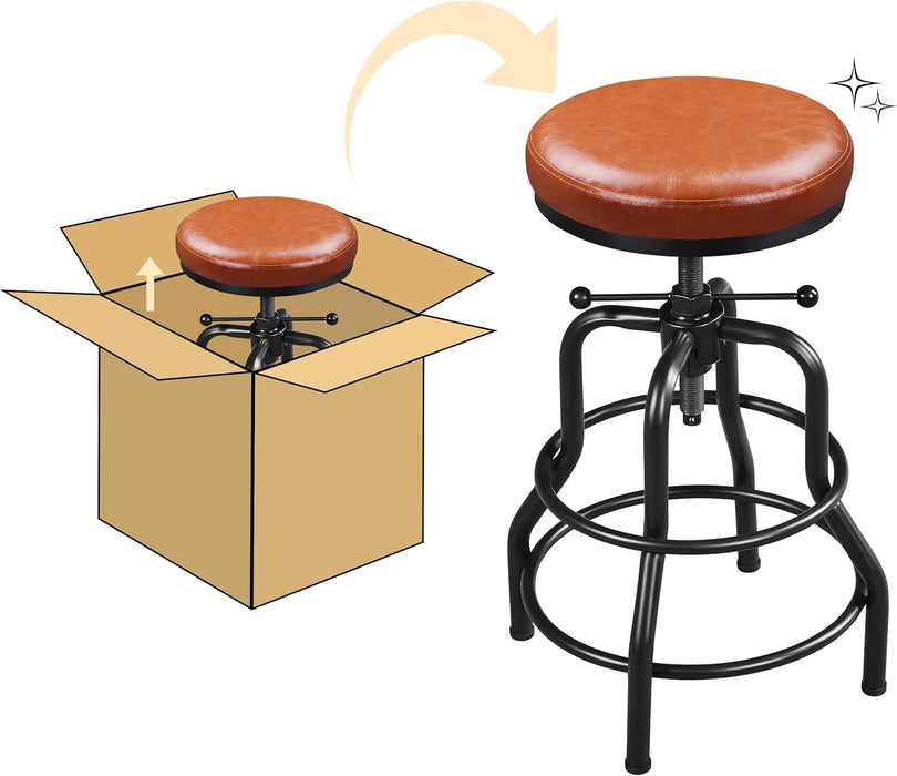 Industrial Bar Stools Vintage Counter Height Bar Stool with round Faux Leather Seat Metal Stool Adjustable Kitchen Stool 21.5-28 Inch Tall Light Brown, 1PCS