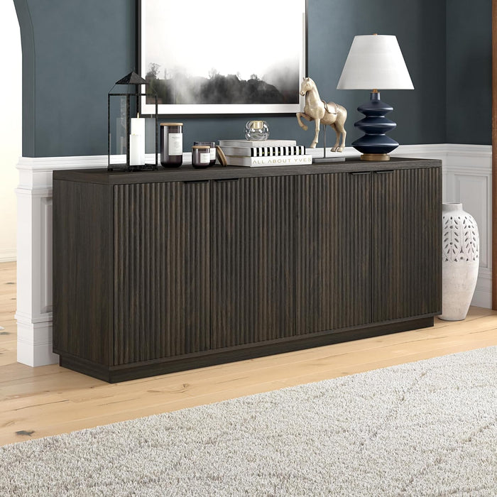 68'' Fluted Sideboard Buffet Cabinet, Ribbed Wooden Credenza with 4 Doors, Adjustable Shelves, and Cable Management Cut-Outs for Dining Room, Kitchen, Living Room or Entryway, Alder Brown