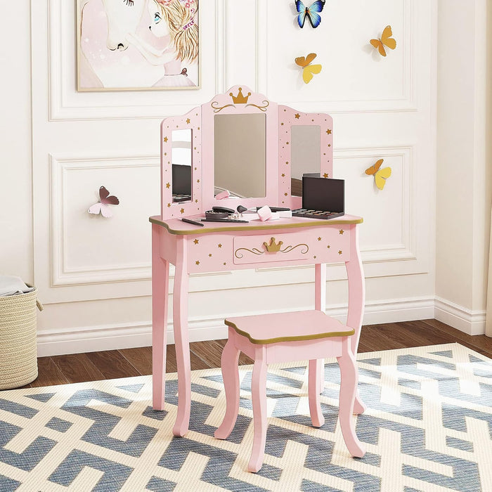Kids Vanity Set with Mirror and Stool, Kids Make up Vanity Desk with Mirrror for Little Girls, Children Makeup Dressing Table with Drawer, Pink