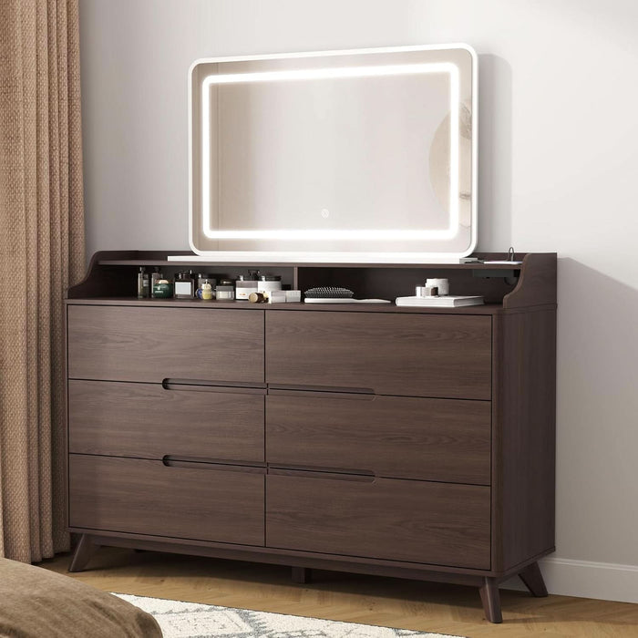 Dresser for Bedroom with 6 Drawers, 55" Large Dresser & Chest of Drawers with Charging Station, Wood Closet Clothes Storage Long Dressers Organizer for Bedroom Living Room Hallway, Brown