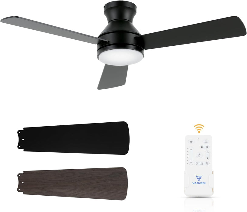 42 Inch Flush Mount Ceiling Fan with Light, Quiet DC Motor, 3CCT Dimmable LED, Low Profile for Bedroom Home Office (Matte Black)