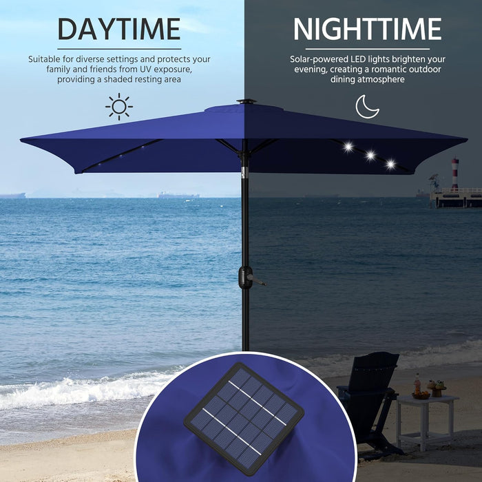 6.5X10Ft Rectangular Patio Umbrella Solar Powered Outdoor Table Market Umbrella with LED Lights & Push Button Tilt & Easy Crank for Garden/Lawn/Beach/Pool/Deck Navy Blue