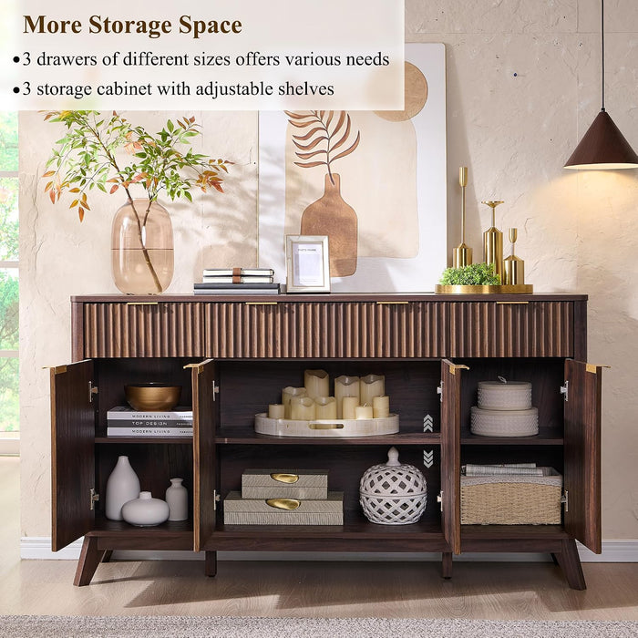 60 Inch Fluted Buffet Sideboard Cabinet, Dark Walnut | Modern Coffee Bar Storage Cabinet with 3 Drawers & 4 Doors, for Dining Room, Living Room, Hallway, Adjustable Shelves