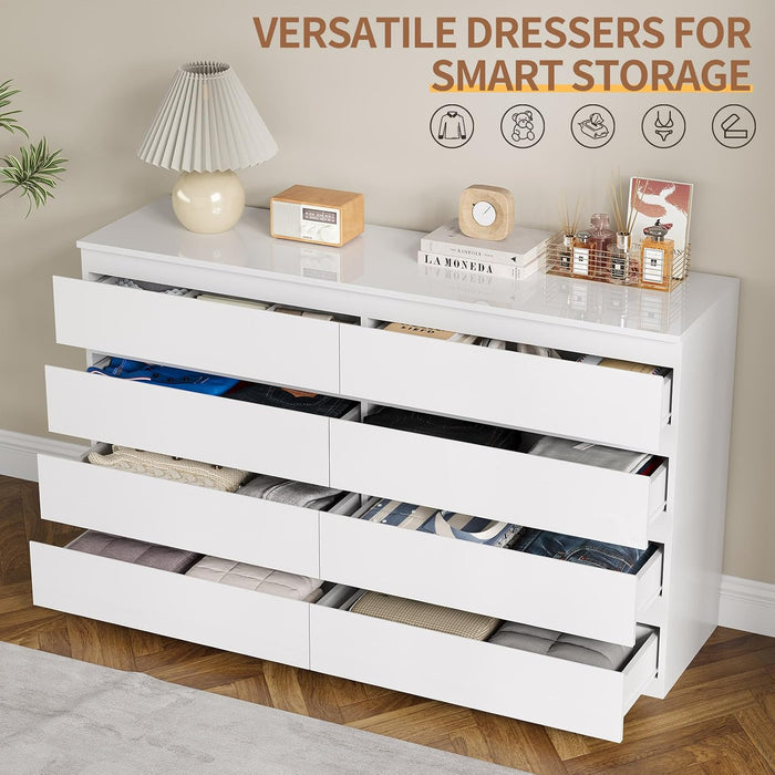 White Wood Dresser for Bedroom with 8 Drawer 55" Wide