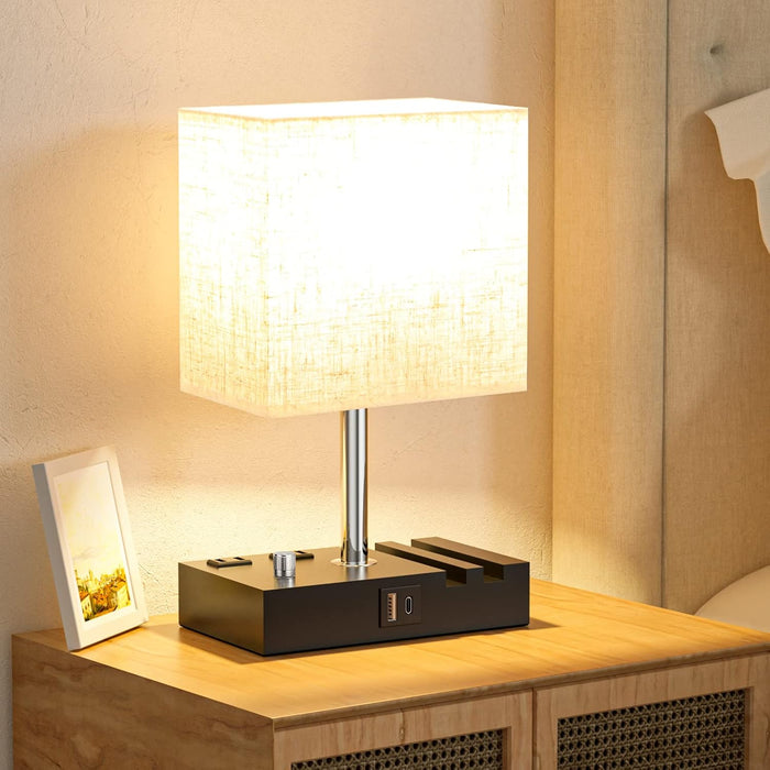 Beige Bedside Table Lamps Set of 2 - Dimmable, USB C+A, 2 AC Outlets