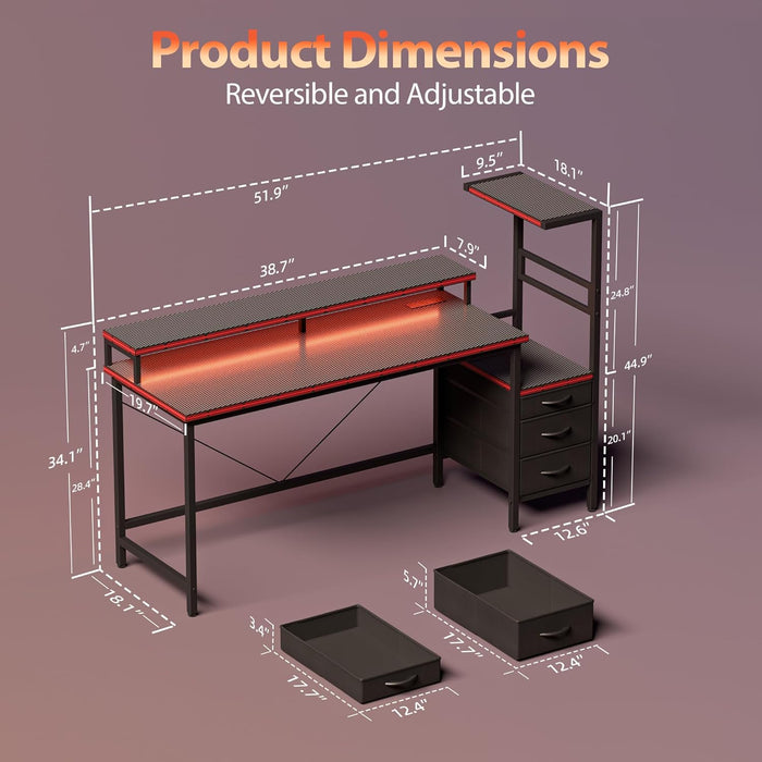 Gaming Desk with Power Outlets & LED Lights, Reversible Computer Desk with PC Case Stand, Fabric Drawers, Modern Office Desk with Shelves, Monitor Stand