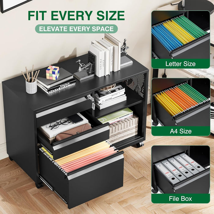 Black 3 Drawers Lockable Industrial Filing Cabinet