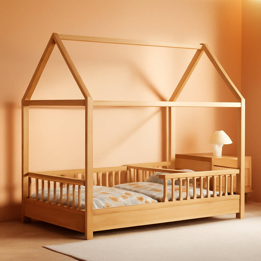 Natural Wooden Montessori Platform Bedstead With Fence