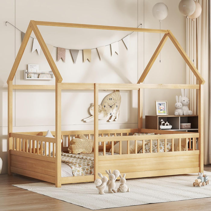 Natural Wooden Montessori Platform Bedstead With Fence